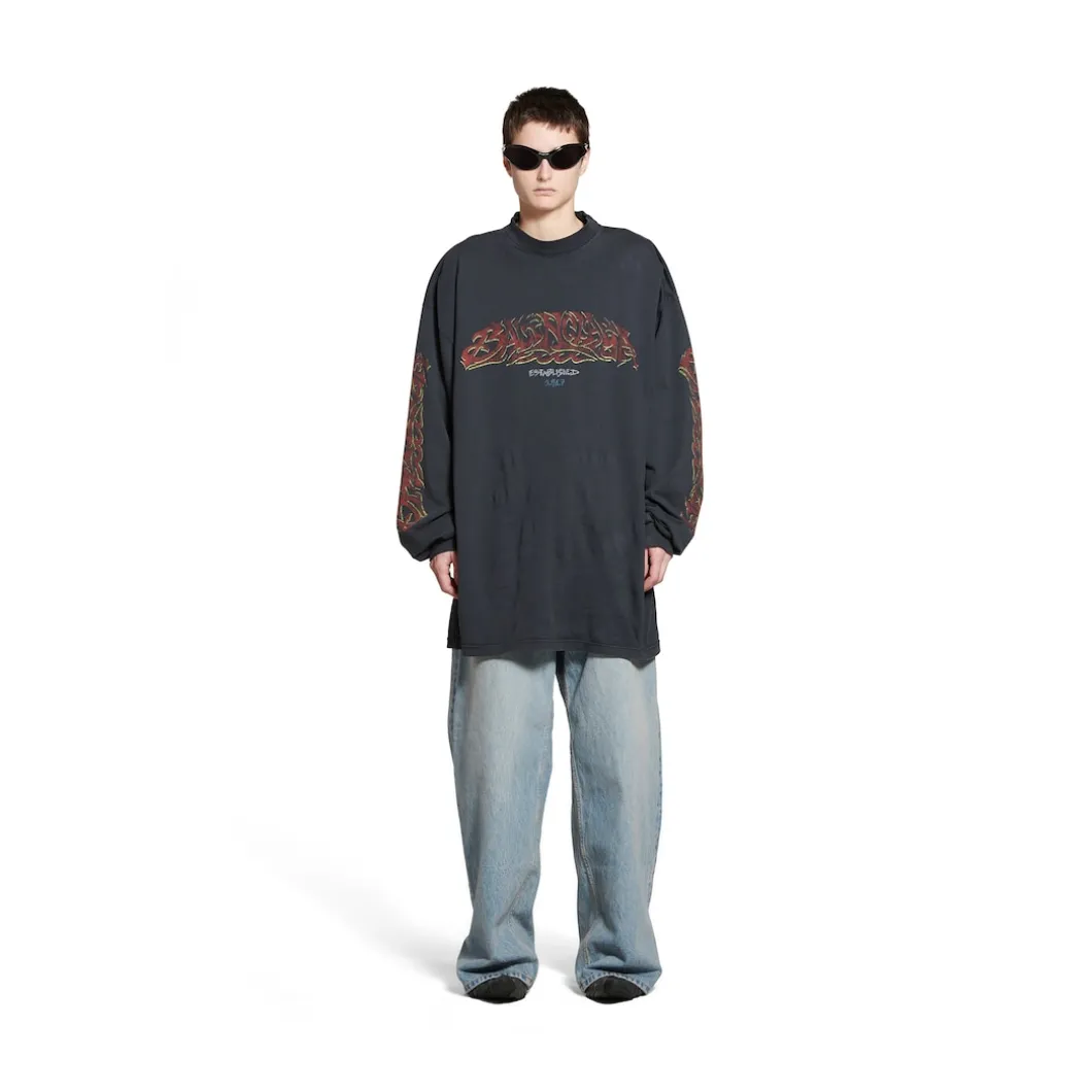 T-shirt A Maniche Lunghe Offshore Oversize in Nero Délavé